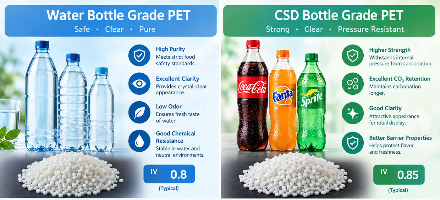 Water Bottle Grade PET vs CSD Bottle Grade PET Resin