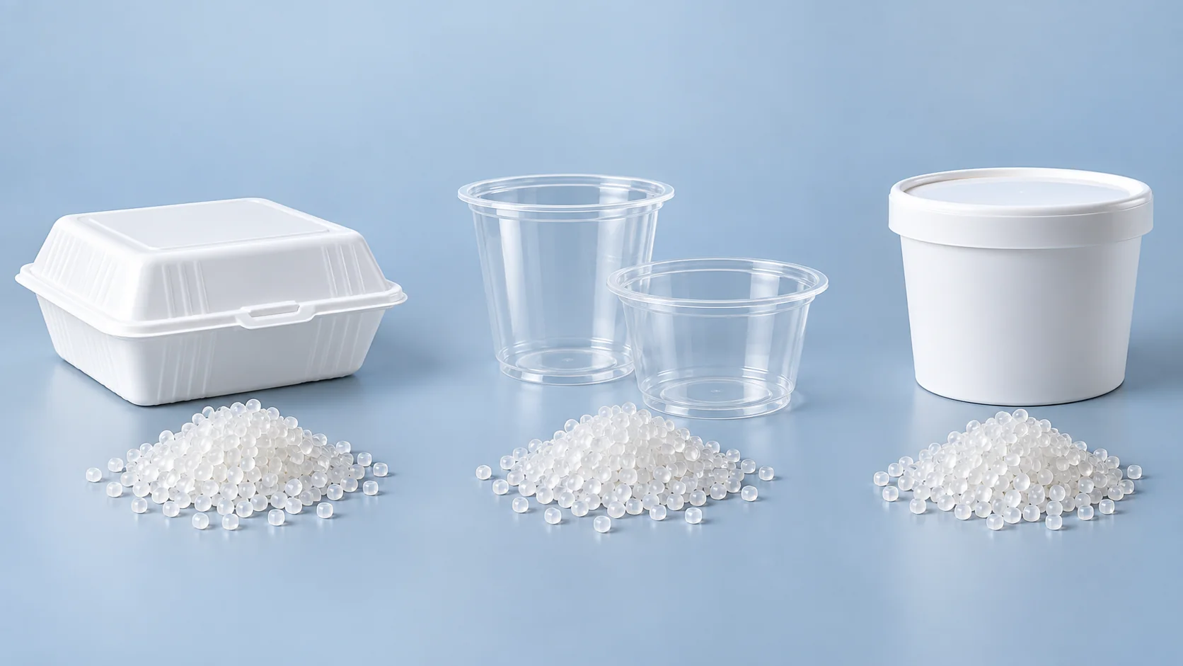 PP resin pellets and different disposable food containers
