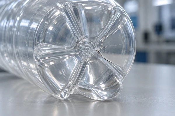 Illustration of stress cracks in the base of a PET carbonated soft drink bottle